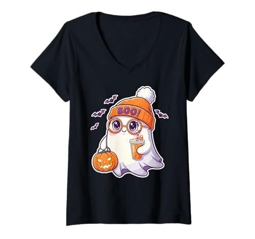 Damen Niedliche Halloween Geist Kürbis Latte Boo Beanie Retro Cartoon T-Shirt mit V-Ausschnitt von Spooky Cute Ghost Halloween Squad Matching Apparel