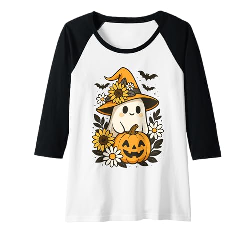 Damen Niedlicher Halloween-Geist Kürbis Hexenhut Sonnenblume ästhetisch Raglan von Spooky Cute Ghost Halloween Squad Matching Apparel