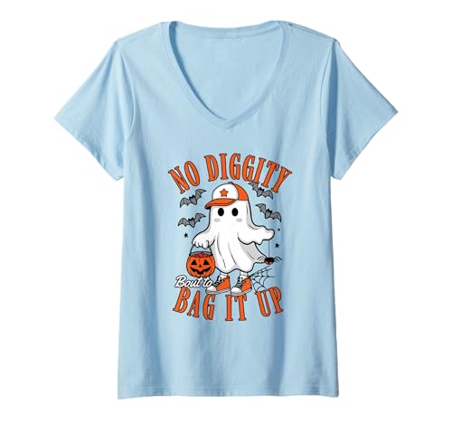 Damen No Diggity Bout to Bag It Up Lustiger Halloween-Geist Humor Spaß T-Shirt mit V-Ausschnitt von Spooky Cute Ghost Halloween Squad Matching Apparel