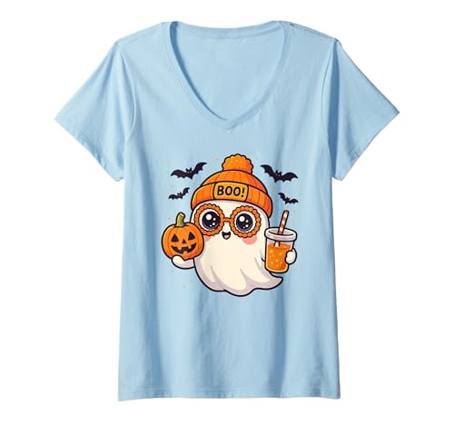 Damen Süße Halloween-Mütze mit Geistermotiv und Drink Boo im Retro-Stil, gruselig T-Shirt mit V-Ausschnitt von Spooky Cute Ghost Halloween Squad Matching Apparel