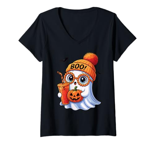 Damen Süßer Halloween-Geist Kürbis Getränk Retro Herbst Gruselparty T-Shirt mit V-Ausschnitt von Spooky Cute Ghost Halloween Squad Matching Apparel