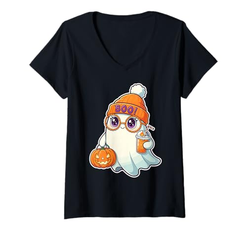 Damen Süßes Kawaii Geist Halloween Kostüm Kürbis Drink Retro Boo T-Shirt mit V-Ausschnitt von Spooky Cute Ghost Halloween Squad Matching Apparel