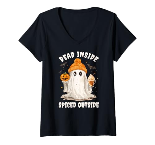 Damen Gruseliger Halloween Ghost tot draußen gewürzt T-Shirt mit V-Ausschnitt Damen Gruseliger Halloween Ghost tot draußen gewürzt T-Shirt mit V-Ausschnitt von Spooky Cute Ghost & Pumpkin Spice Fall Vibes
