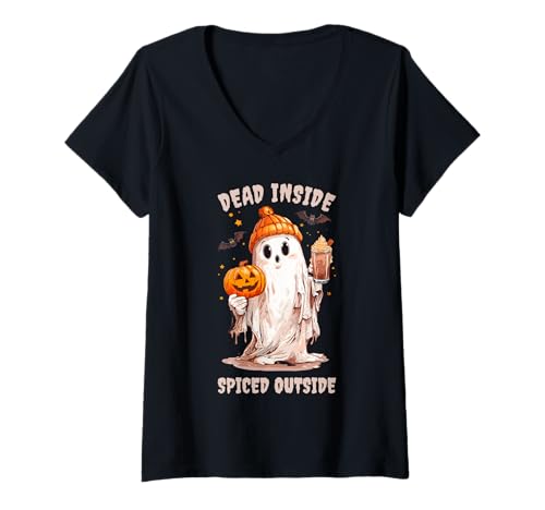 Damen Gruseliger Halloween Ghost tot draußen gewürzt T-Shirt mit V-Ausschnitt Damen Gruseliger Halloween Ghost tot draußen gewürzt T-Shirt mit V-Ausschnitt von Spooky Cute Ghost & Pumpkin Spice Fall Vibes