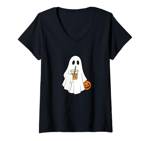 Damen Cute Halloween Ghost Iced Coffee Pumpkin Jack O’Lantern T-Shirt mit V-Ausschnitt Damen Cute Halloween Ghost Iced Coffee Pumpkin Jack O’Lantern T-Shirt mit V-Ausschnitt von Spooky Cute Ghost