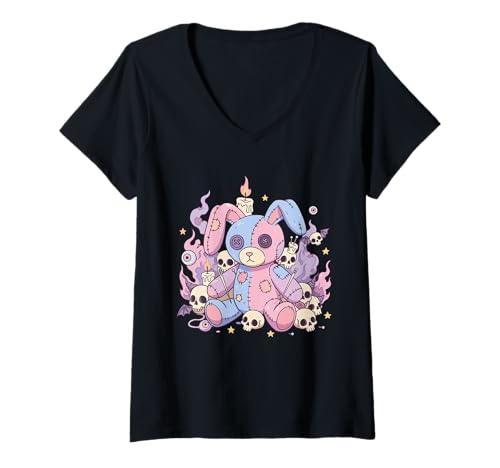 Damen Pastell-Goth Gruseliges Häschen Voodoo-Puppe Schädel T-Shirt mit V-Ausschnitt von Spooky Cute Gothic Occult Apparel