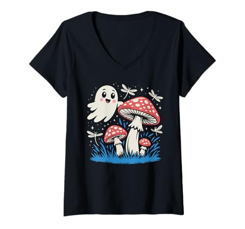 Damen Süßer Geist & Pilz Wald Halloween Libelle Nacht Kinder T-Shirt mit V-Ausschnitt Damen Süßer Geist & Pilz Wald Halloween Libelle Nacht Kinder T-Shirt mit V-Ausschnitt von Spooky Cute Halloween Ghost Mushroom Apparel Co.