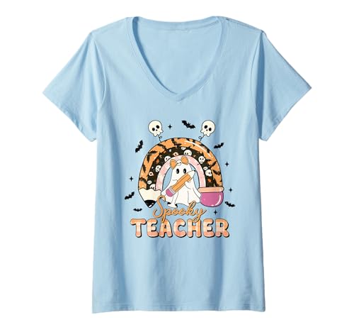 Damen Gruseliger Lehrer Halloween Geist Regenbogen Bleistift Niedlich Klassenzimmer T-Shirt mit V-Ausschnitt von Spooky Cute Halloween Teacher Classroom Shirts