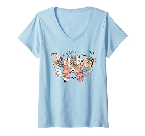 Damen Halloween Lehrer Shirt Cute Ghost Bow Skull Spooky School T-Shirt mit V-Ausschnitt von Spooky Cute Halloween Teacher Classroom Shirts