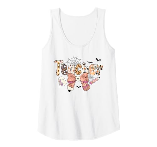 Damen Halloween Lehrer Shirt Cute Ghost Bow Skull Spooky School Tank Top von Spooky Cute Halloween Teacher Classroom Shirts