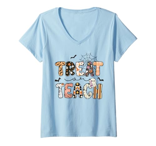 Damen Klassenzimmer für Halloween-Lehrer, niedliches Gespenst, mit Bleistift, T-Shirt mit V-Ausschnitt von Spooky Cute Halloween Teacher Classroom Shirts