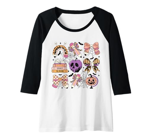 Damen Niedlicher Halloween-Totenkopf-Schleife, Geist, Kürbis, gruselige Jahreszeitenlehrer Raglan von Spooky Cute Halloween Teacher Classroom Shirts