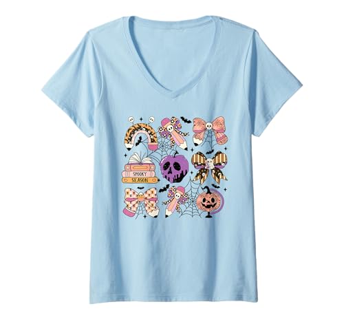 Damen Niedlicher Halloween-Totenkopf-Schleife, Geist, Kürbis, gruselige Jahreszeitenlehrer T-Shirt mit V-Ausschnitt von Spooky Cute Halloween Teacher Classroom Shirts