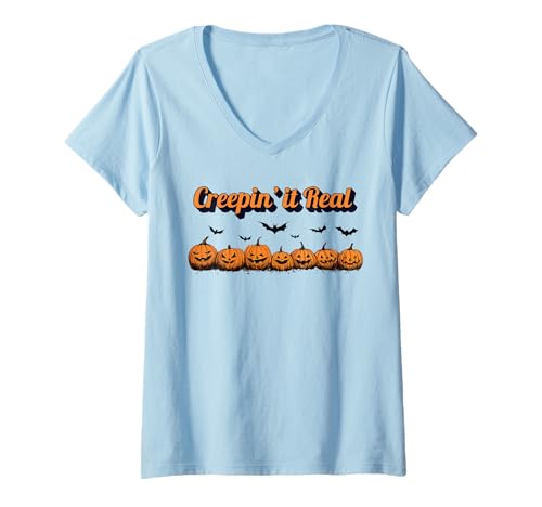 Damen Halloween Creepin' It Real JackoLantern Kürbisse Fledermäuse T-Shirt mit V-Ausschnitt Damen Halloween Creepin' It Real JackoLantern Kürbisse Fledermäuse T-Shirt mit V-Ausschnitt von Spooky Cute Halloween Tees