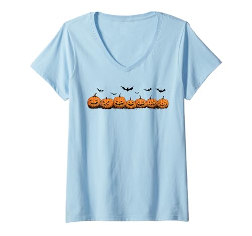 Damen Halloween Gruselige JackoLantern Kürbisse und Fledermäuse T-Shirt mit V-Ausschnitt Damen Halloween Gruselige JackoLantern Kürbisse und Fledermäuse T-Shirt mit V-Ausschnitt von Spooky Cute Halloween Tees