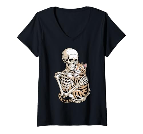 Damen Skelett umarmende Katze, Gothic-Design für Tierliebhaber T-Shirt mit V-Ausschnitt von Spooky Cute Pet Parent by NLTS
