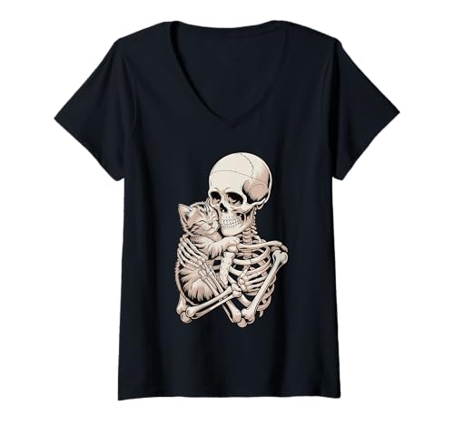 Damen Skelett umarmende Katze, Gothic-Design für Tierliebhaber T-Shirt mit V-Ausschnitt Damen Skelett umarmende Katze, Gothic-Design für Tierliebhaber T-Shirt mit V-Ausschnitt von Spooky Cute Pet Parent by NLTS