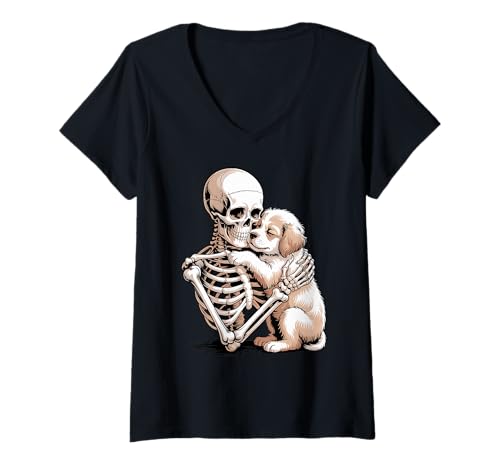 Damen Skelett umarmender Hund Gothic Pet Lover Design T-Shirt mit V-Ausschnitt Damen Skelett umarmender Hund Gothic Pet Lover Design T-Shirt mit V-Ausschnitt von Spooky Cute Pet Parent by NLTS
