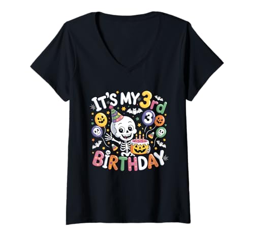 Damen It's My 3rd Birthday Skelett Halloween Kleinkind Junge Mädchen T-Shirt mit V-Ausschnitt Damen It's My 3rd Birthday Skelett Halloween Kleinkind Junge Mädchen T-Shirt mit V-Ausschnitt von Spooky Cute Toddler Skeleton 3 Years Old Birthday