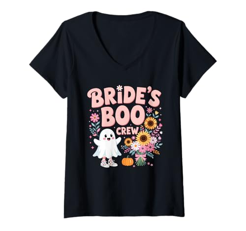 Damen Bride's Boo Crew Ghost Floral Sonnenblume Halloween Bacheloret T-Shirt mit V-Ausschnitt Damen Bride's Boo Crew Ghost Floral Sonnenblume Halloween Bacheloret T-Shirt mit V-Ausschnitt von Spooky Cute Wedding Designs Party