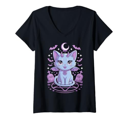 Damen Kawaii Pastel Goth Demon Cat Spooky Occult Graveyard T-Shirt mit V-Ausschnitt Damen Kawaii Pastel Goth Demon Cat Spooky Occult Graveyard T-Shirt mit V-Ausschnitt von Spooky Cute & Kawaii Goth Designs
