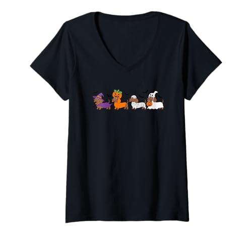 Damen Dackel Halloween Hexe Kürbis Mama Geist T-Shirt mit V-Ausschnitt Damen Dackel Halloween Hexe Kürbis Mama Geist T-Shirt mit V-Ausschnitt von Spooky Dachshund Halloween Fun Parade
