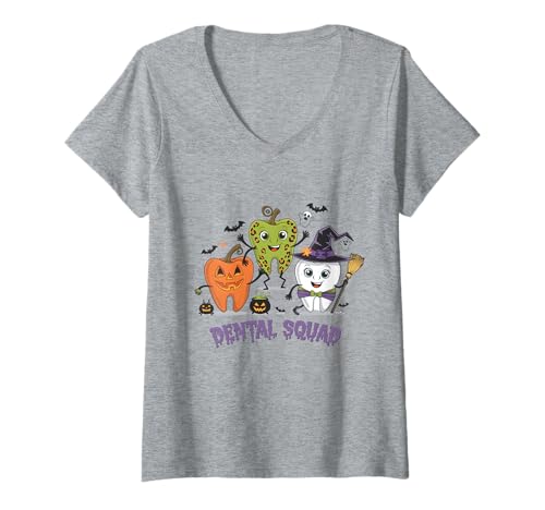 Damen Lustiges und gruseliges Dental Squad Halloween T-Shirt mit V-Ausschnitt von Spooky Dental Creations