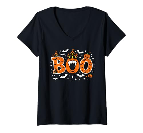 Damen Boo Kürbis Vampir Mund Spuknacht Gruseliges Halloween T-Shirt mit V-Ausschnitt von Spooky Dental Team Halloween