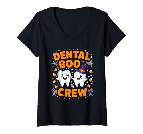 Damen Dental Boo Crew Halloween-Kostüm-Design T-Shirt mit V-Ausschnitt von Spooky Dental Team Halloween
