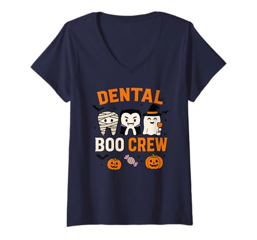 Damen Dental Boo Crew Halloween Kostüm Lustiger Geist T-Shirt mit V-Ausschnitt von Spooky Dental Team Halloween
