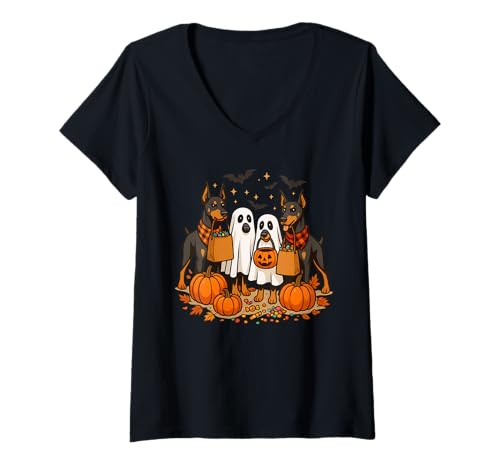 Damen Dobermann Halloween Trick or Treat Hunde Geist Kürbisse T-Shirt mit V-Ausschnitt Damen Dobermann Halloween Trick or Treat Hunde Geist Kürbisse T-Shirt mit V-Ausschnitt von Spooky Doberman Crew Halloween Dog Lovers