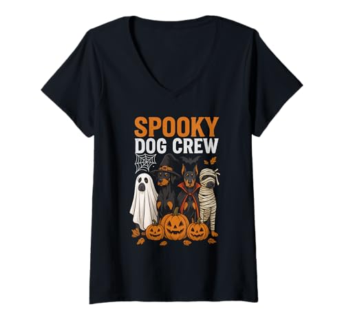 Damen Gruseliger Hund Crew Halloween Kostüm Kürbis Geist T-Shirt mit V-Ausschnitt Damen Gruseliger Hund Crew Halloween Kostüm Kürbis Geist T-Shirt mit V-Ausschnitt von Spooky Doberman Crew Halloween Dog Lovers