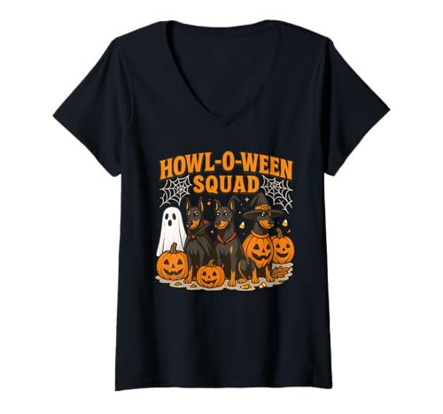 Damen Howl-O-Ween Squad Dobermann Hunde Halloween-Kostüm T-Shirt mit V-Ausschnitt Damen Howl-O-Ween Squad Dobermann Hunde Halloween-Kostüm T-Shirt mit V-Ausschnitt von Spooky Doberman Crew Halloween Dog Lovers