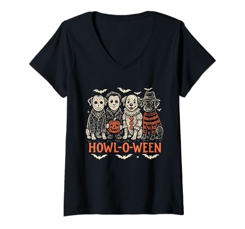 Damen Lustiges Hunde-Halloween-Kostüm Howl-O-Ween Gruseljahreszeit T-Shirt mit V-Ausschnitt Damen Lustiges Hunde-Halloween-Kostüm Howl-O-Ween Gruseljahreszeit T-Shirt mit V-Ausschnitt von Spooky Dog Lovers Howl O Ween Halloween Apparel
