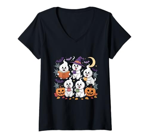 Damen Dogs Reading Book Halloween Coffee Lovers T-Shirt mit V-Ausschnitt Damen Dogs Reading Book Halloween Coffee Lovers T-Shirt mit V-Ausschnitt von Spooky Dogs With Coffee And Books Lovers Gift