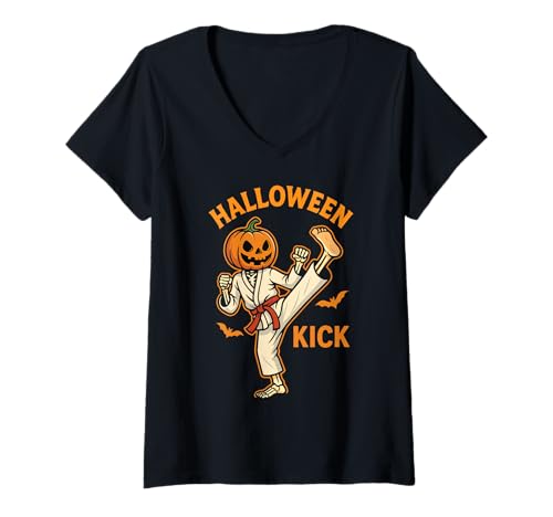 Damen Halloween Kick Martial Arts Kürbis Skelett Einfaches Kostüm T-Shirt mit V-Ausschnitt Damen Halloween Kick Martial Arts Kürbis Skelett Einfaches Kostüm T-Shirt mit V-Ausschnitt von Spooky Dojo Apparel