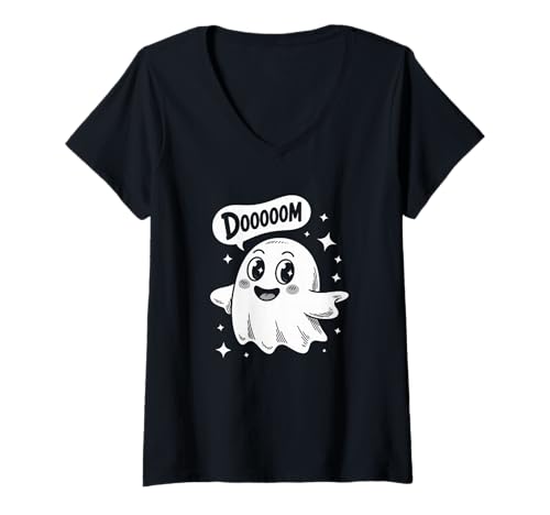 Damen Cute Ghost Doom Spooky Cartoon Oktober Season T-Shirt mit V-Ausschnitt von Spooky Doom Ghost Apparel
