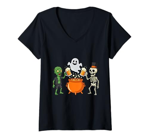 Damen Lustiger Halloween-Zombie-Geister-Skelett-Biersack T-Shirt mit V-Ausschnitt Damen Lustiger Halloween-Zombie-Geister-Skelett-Biersack T-Shirt mit V-Ausschnitt von Spooky Drinking Party Halloween Costumes Tees