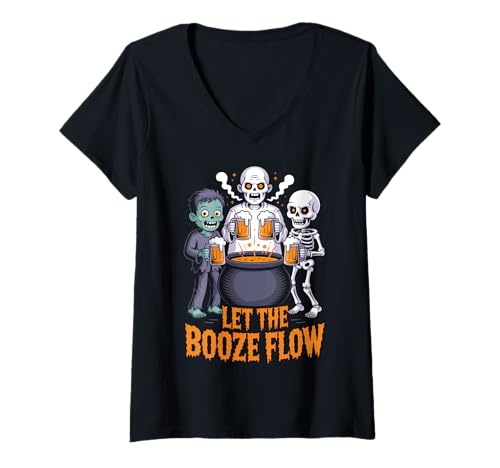 Damen Lustiger Halloween-Zombie-Geister-Skelett-Biersack T-Shirt mit V-Ausschnitt Damen Lustiger Halloween-Zombie-Geister-Skelett-Biersack T-Shirt mit V-Ausschnitt von Spooky Drinking Party Halloween Costumes