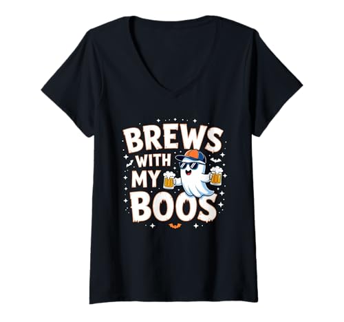 Damen Brews with My Boos Lustige Ghost-Halloween-Party T-Shirt mit V-Ausschnitt Damen Brews with My Boos Lustige Ghost-Halloween-Party T-Shirt mit V-Ausschnitt von Spooky Drinking Party Halloween Ghost