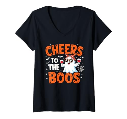 Damen Cheers to The Boos Lustiger Halloween-Geist T-Shirt mit V-Ausschnitt Damen Cheers to The Boos Lustiger Halloween-Geist T-Shirt mit V-Ausschnitt von Spooky Drinking Party Halloween