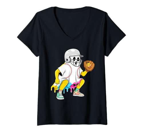 Damen Lustiger Eiscreme-Tropfgeist, Baseballfänger, Spieler, Halloween T-Shirt mit V-Ausschnitt Damen Lustiger Eiscreme-Tropfgeist, Baseballfänger, Spieler, Halloween T-Shirt mit V-Ausschnitt von Spooky Dripping Pastel Sports Co