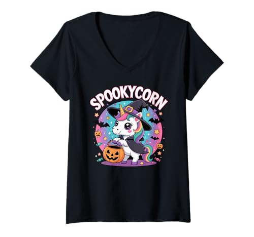 Damen Spooky Einhorn Halloween Hexe Süßes oder Saures Kostüm T-Shirt mit V-Ausschnitt Damen Spooky Einhorn Halloween Hexe Süßes oder Saures Kostüm T-Shirt mit V-Ausschnitt von Spooky Einhorn Halloween Design