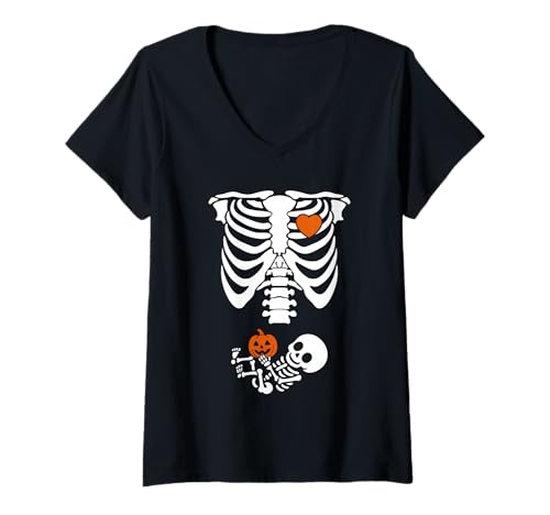 Damen Skelett Schwangerschaft Halloween Design mit Baby Kürbis T-Shirt mit V-Ausschnitt Damen Skelett Schwangerschaft Halloween Design mit Baby Kürbis T-Shirt mit V-Ausschnitt von Spooky Family Fun Apparel