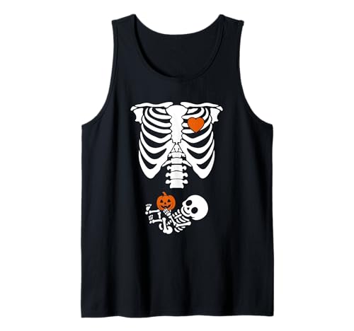 Skelett Schwangerschaft Halloween Design mit Baby Kürbis Tank Top von Spooky Family Fun Apparel