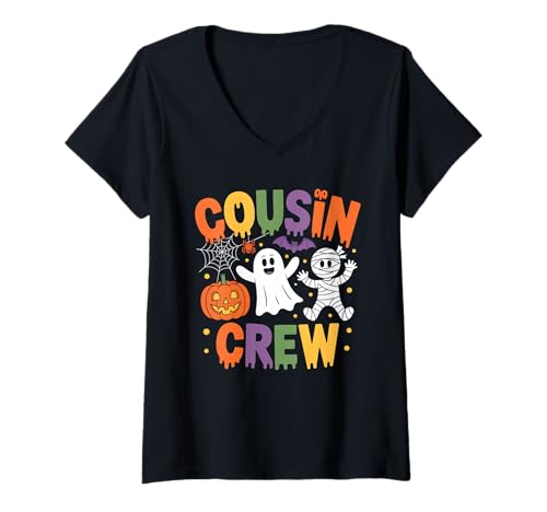 Damen Cousin Crew Süßes Halloween Geist Kürbis Kostüm Design T-Shirt mit V-Ausschnitt Damen Cousin Crew Süßes Halloween Geist Kürbis Kostüm Design T-Shirt mit V-Ausschnitt von Spooky Family Squad Apparel