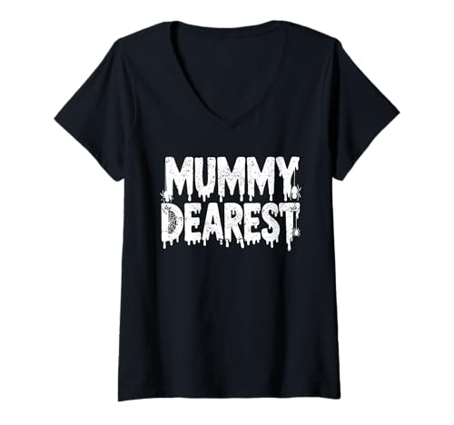 Damen Mummy Dearest Halloween Spinnennetz Text T-Shirt mit V-Ausschnitt von Spooky Family Threads
