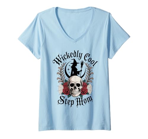 Damen Stiefmama Halloween t boshaft Cooler gotischer Schädel T-Shirt mit V-Ausschnitt Damen Stiefmama Halloween t boshaft Cooler gotischer Schädel T-Shirt mit V-Ausschnitt von Spooky Family Vibes Apparel Co.
