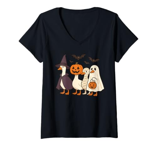 Damen Niedliche Halloween-Gans Hexe Kürbis Mama und Geist T-Shirt mit V-Ausschnitt Damen Niedliche Halloween-Gans Hexe Kürbis Mama und Geist T-Shirt mit V-Ausschnitt von Spooky Farmyard Feather Friends