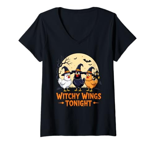 Damen Witchy Wings Tonight Lustiges Huhn Halloween Mond Szene T-Shirt mit V-Ausschnitt Damen Witchy Wings Tonight Lustiges Huhn Halloween Mond Szene T-Shirt mit V-Ausschnitt von Spooky Farmyard Halloween Designs